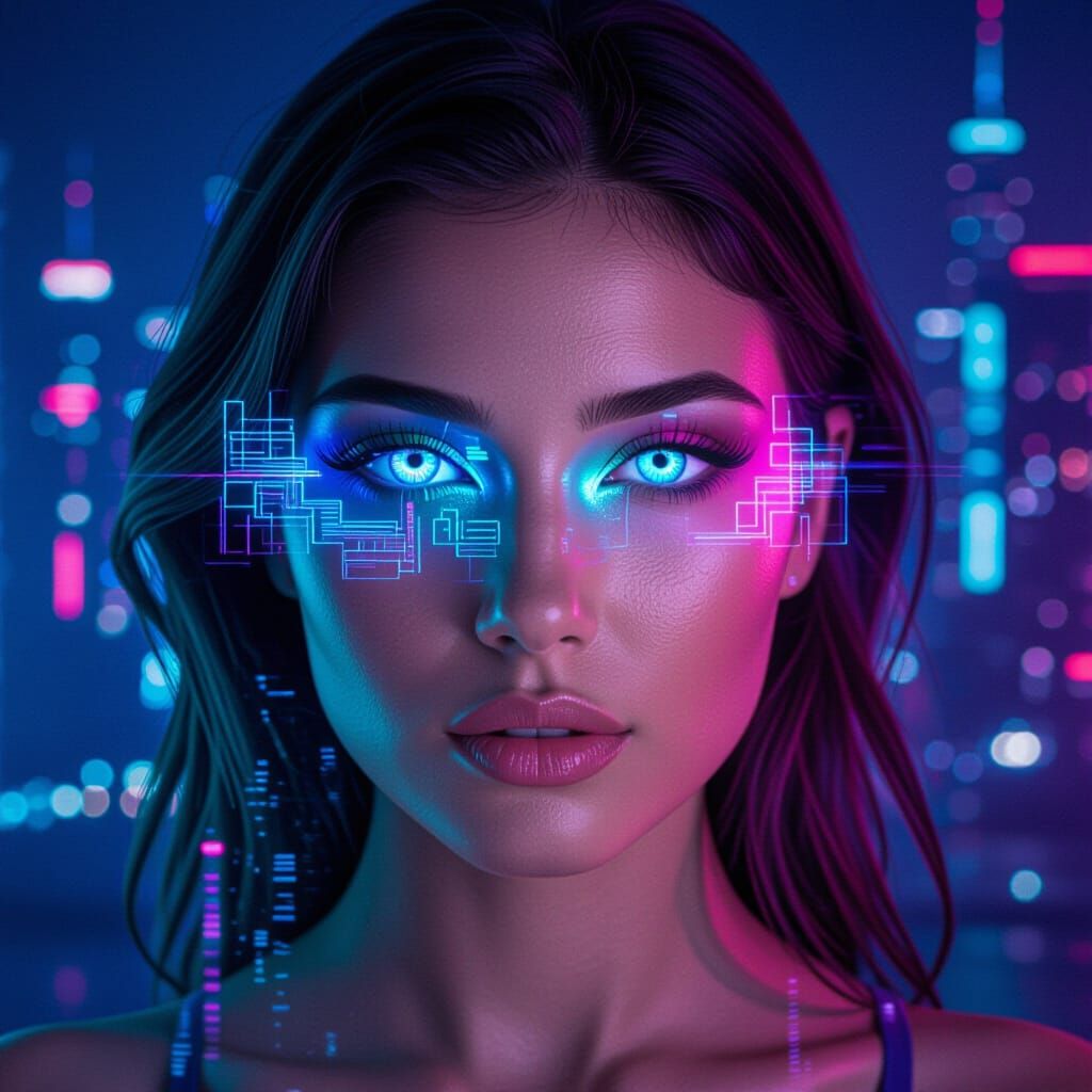 Surreal Double Exposure: Woman and Neon Cyberpunk Cityscape