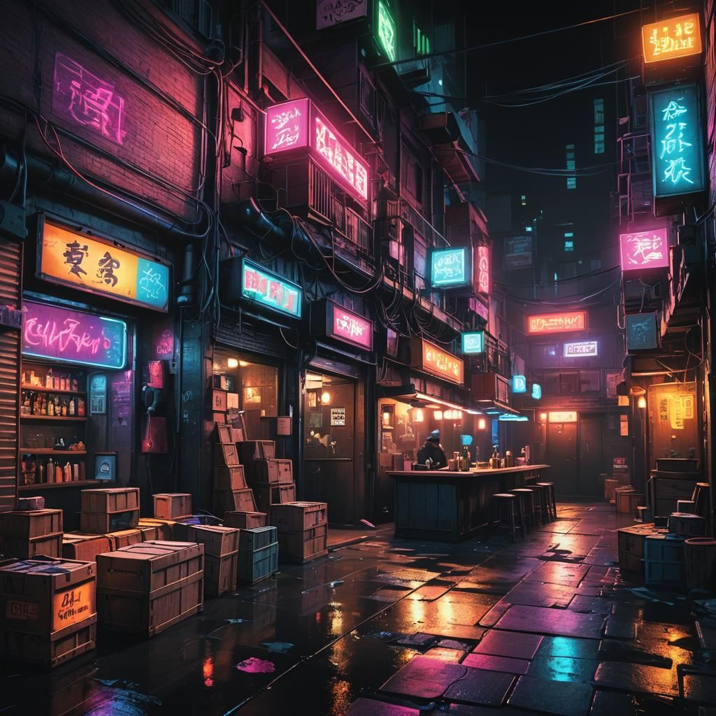 Cyberpunk Alley Bar: Neon Cityscape at Night