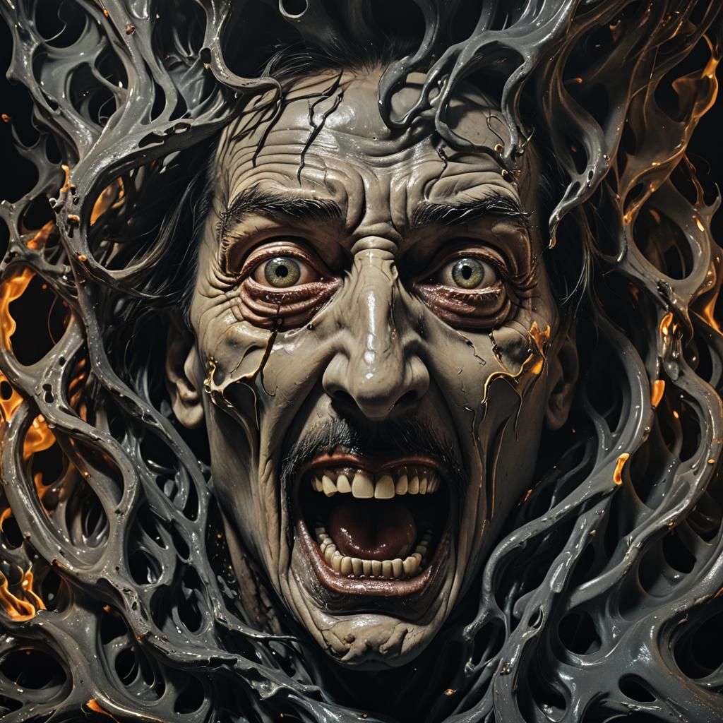 Surreal Distorted Face Screaming in Darkness