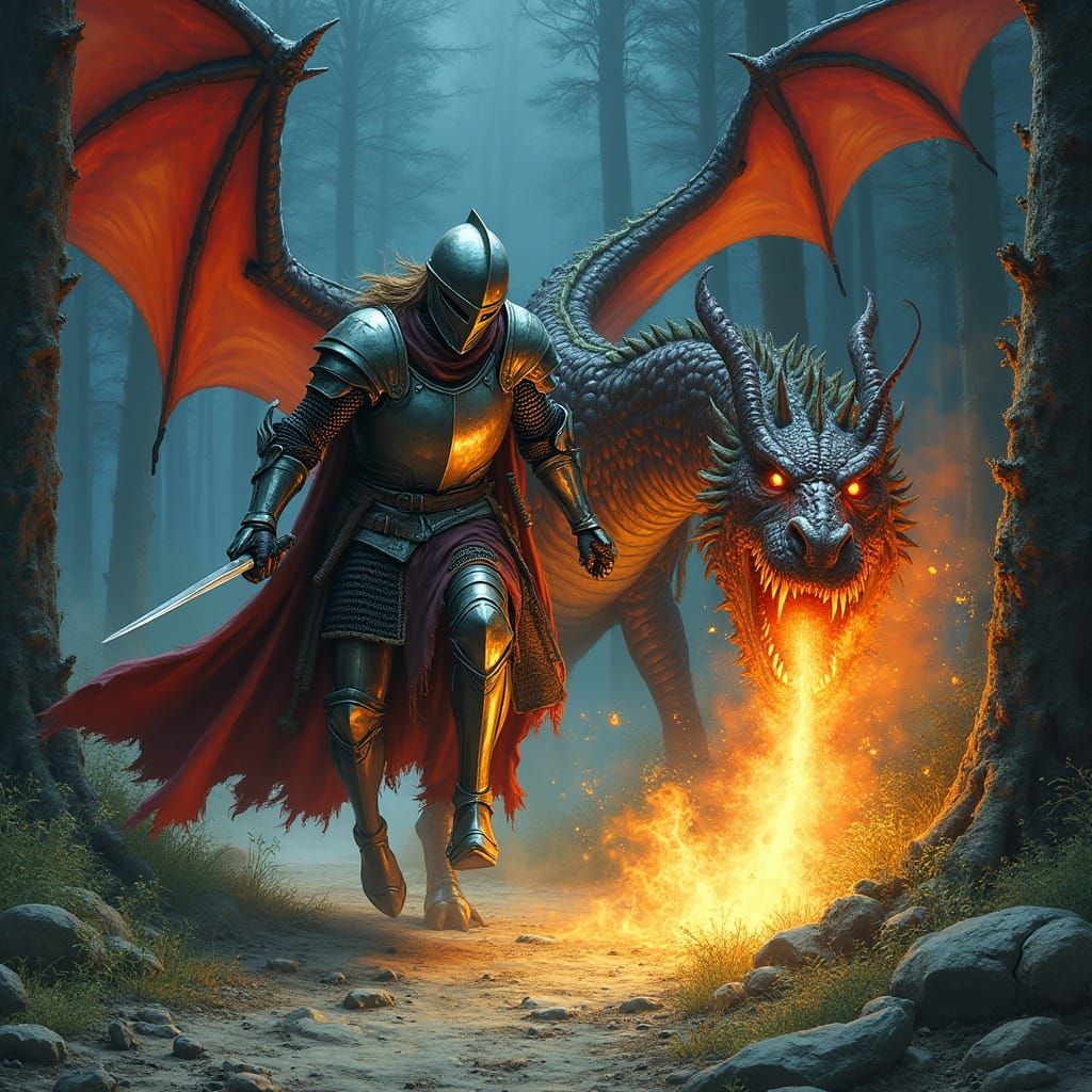Knight Slaying Dragon in Mystical Forest