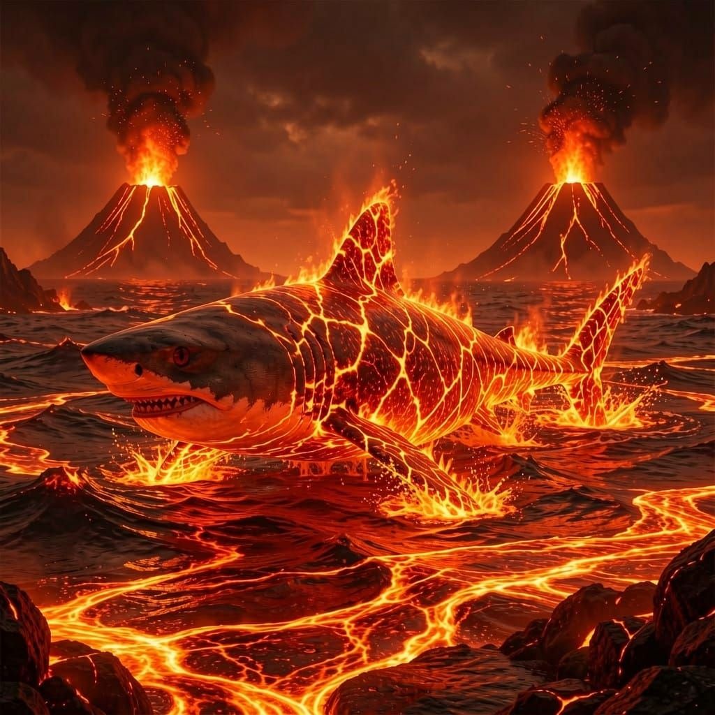 Lava Shark Emerging from Fiery Depths