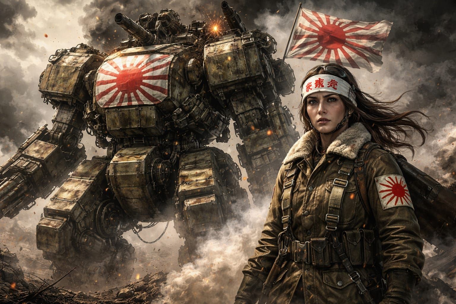 Dieselpunk Mech and Pilot on Chaotic Battlefield