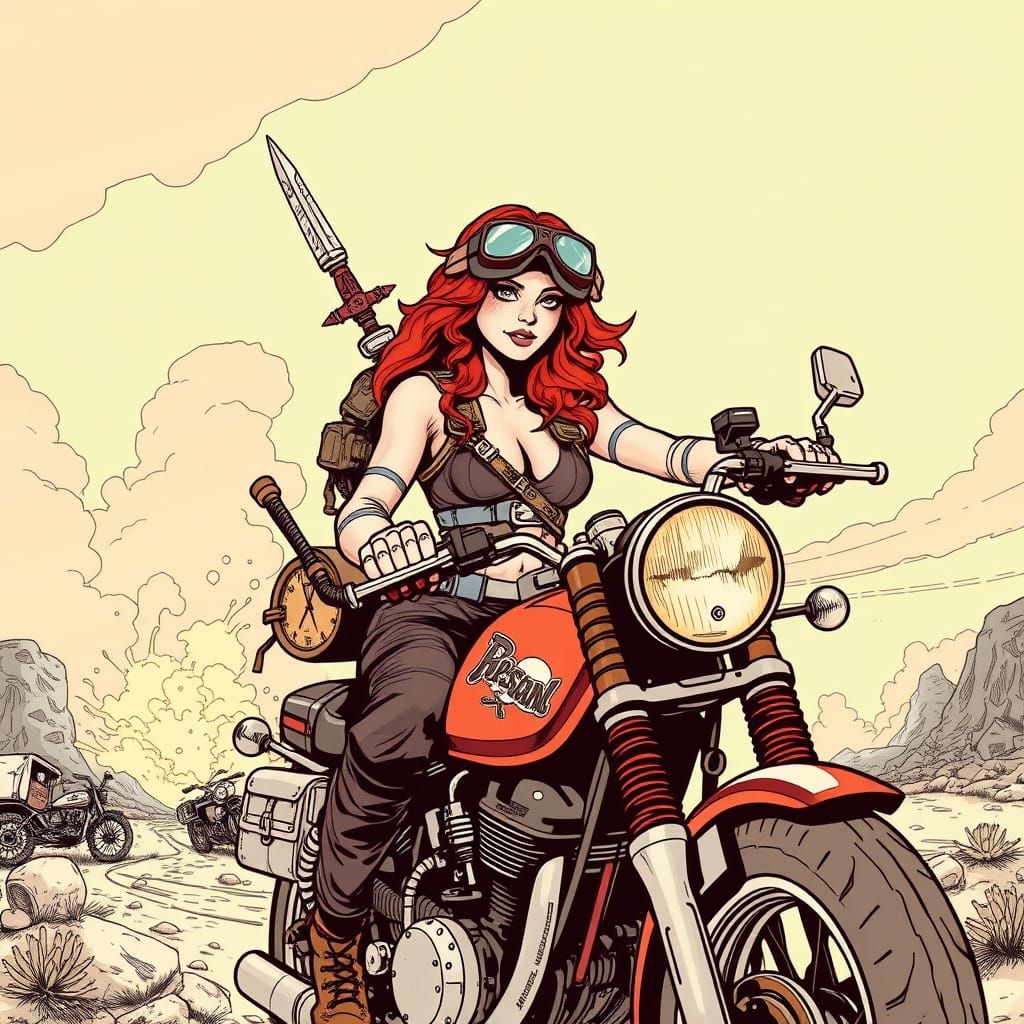 Vibrant Road Warrior in Mad Wasteland Comic Illustration