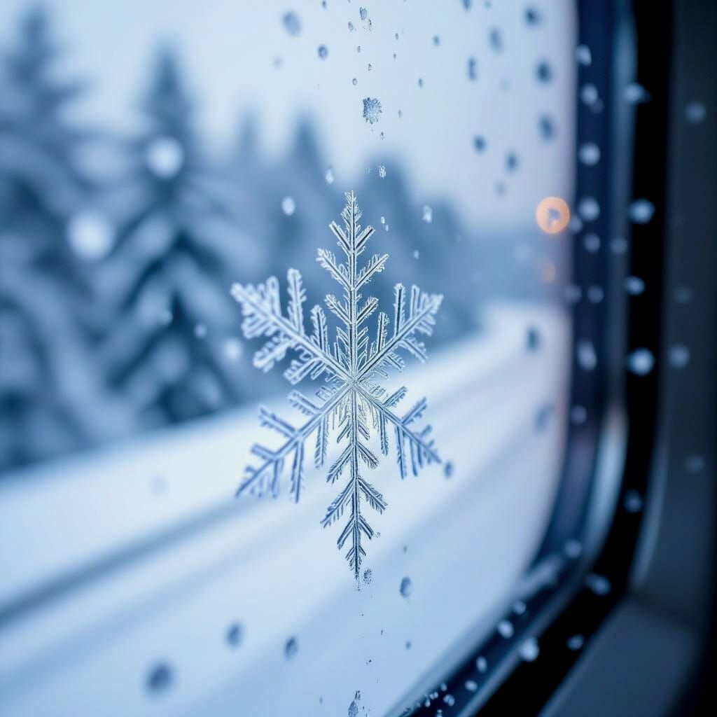 Intricate Snowflake on Frosty Train Window Macro Photography