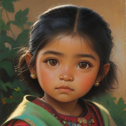 Charming Portrait of Young Girl in Oil Paint