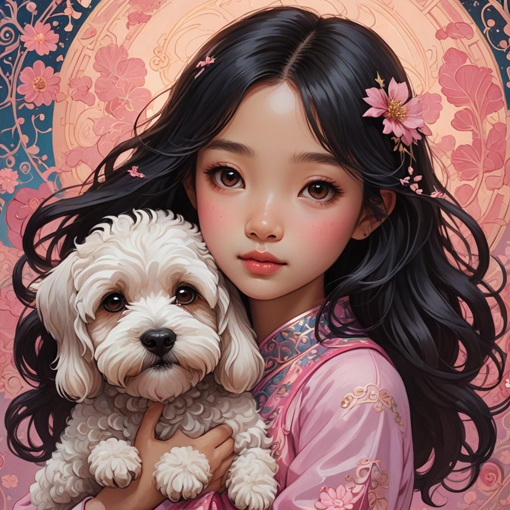 Korean Girl with Dog: Vibrant Concept Art