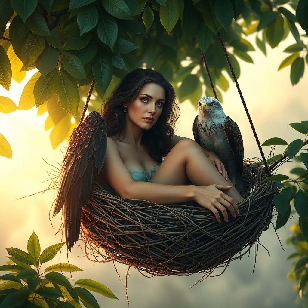 Ethereal Goddess in Bird's Nest Amidst Vibrant Canopy