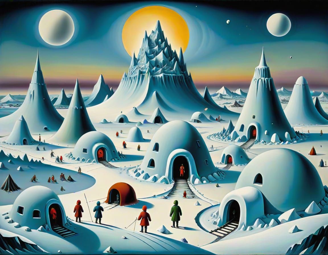 Arctic Landscape with Igloos: Surrealist Oil Painting