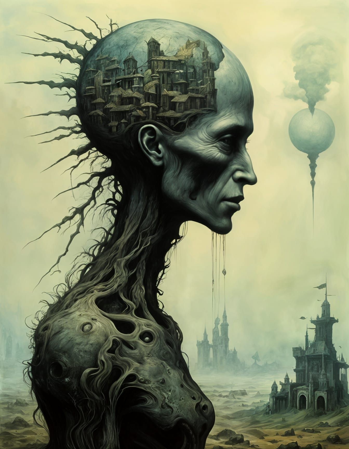 Surreal Figure in a Beksiński-Inspired Artwork