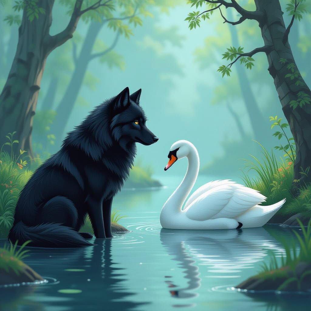 Black Wolf Befriends White Swan in Misty Forest