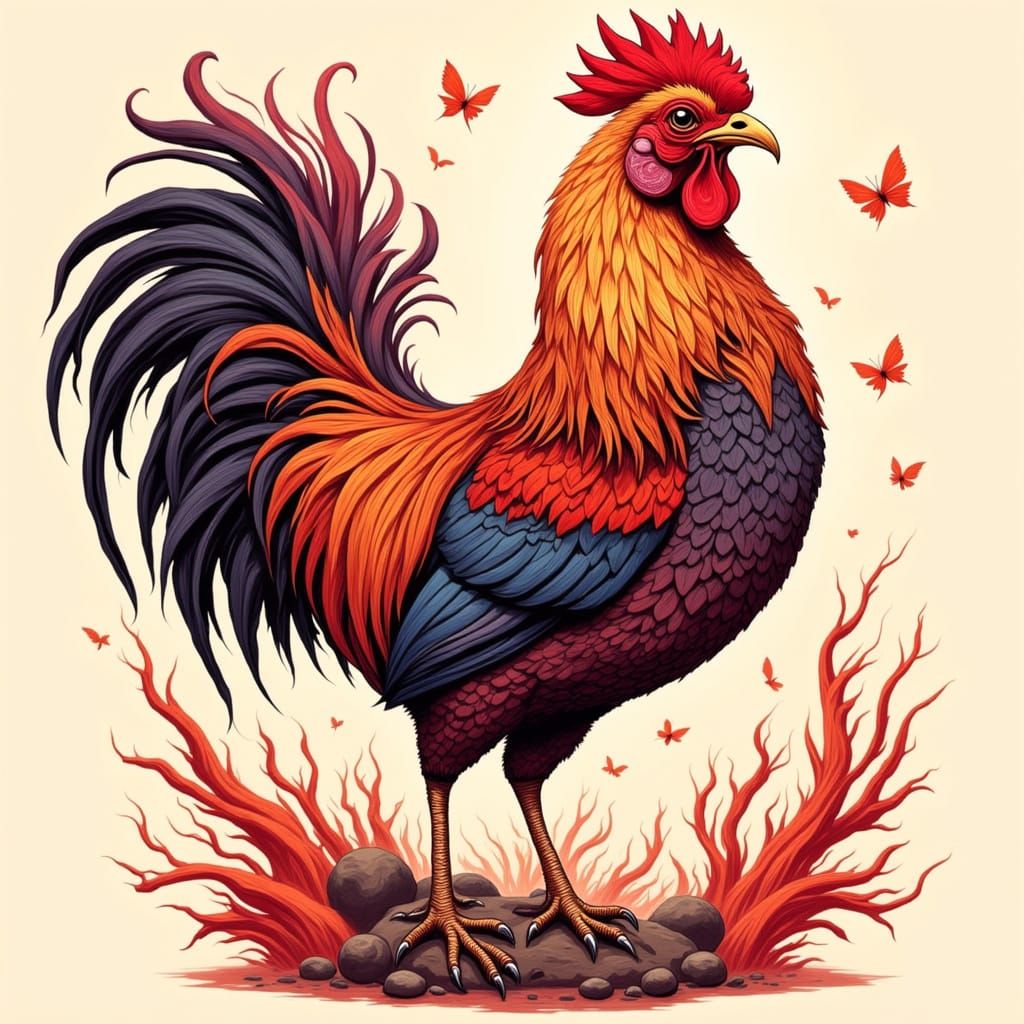 Majestic Rooster in Vibrant Ink Illustration