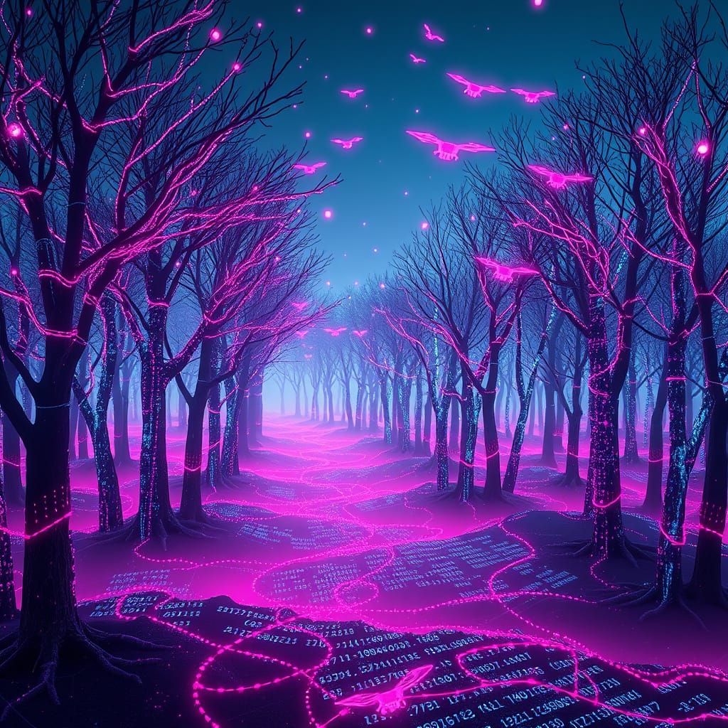 Cyberforest of Luminous Trees Under Electric Pink Sky