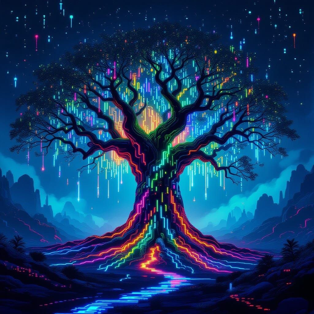 Ancient Tree of Binary Code and Fractal Leaves