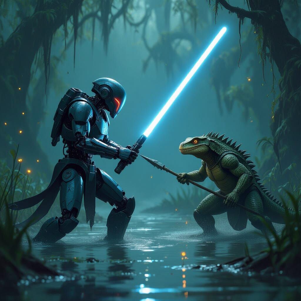Cybernetic Warrior Battles Lizardfolk in Eerie Swamp