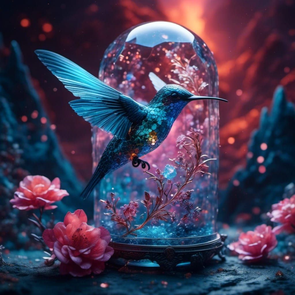 Shimmering Glass Hummingbird with Crystal Flower