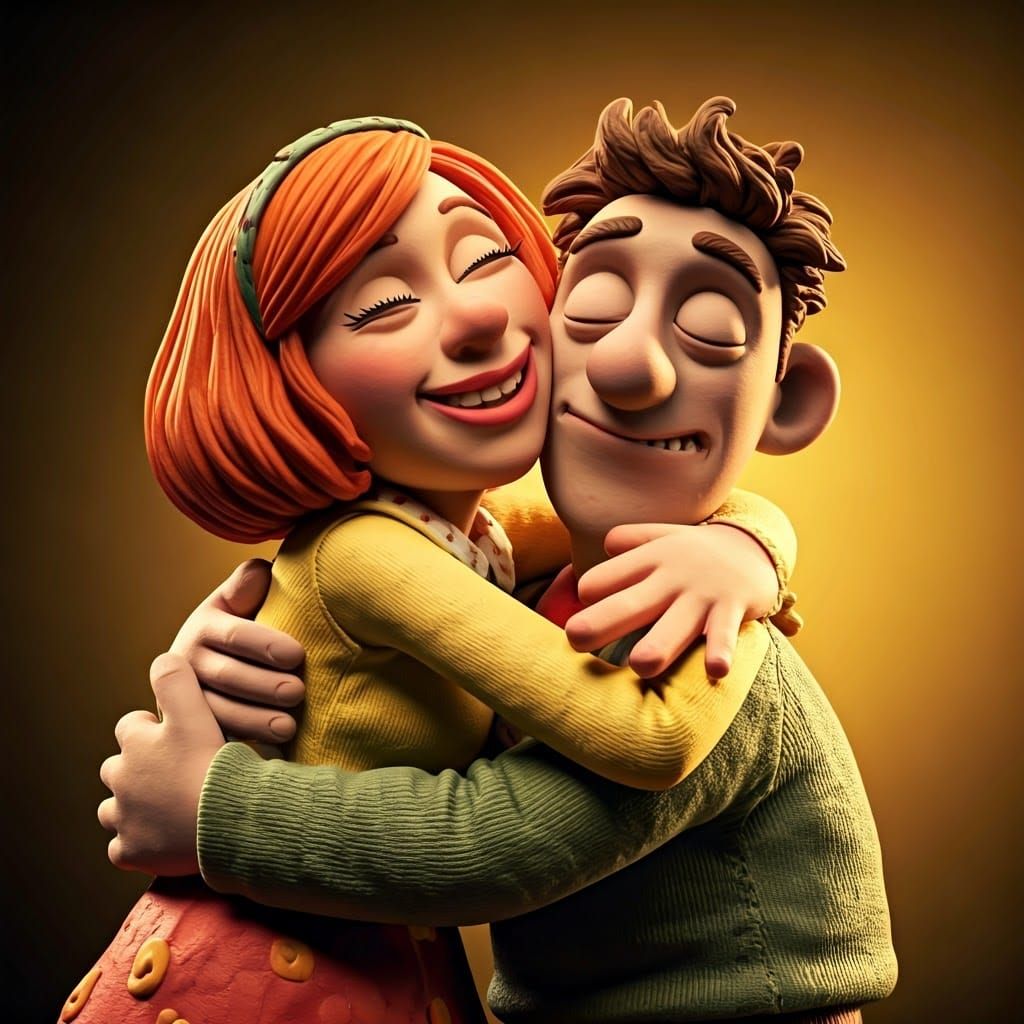 Exuberant Claymation Hug in Warm, Golden Lighting