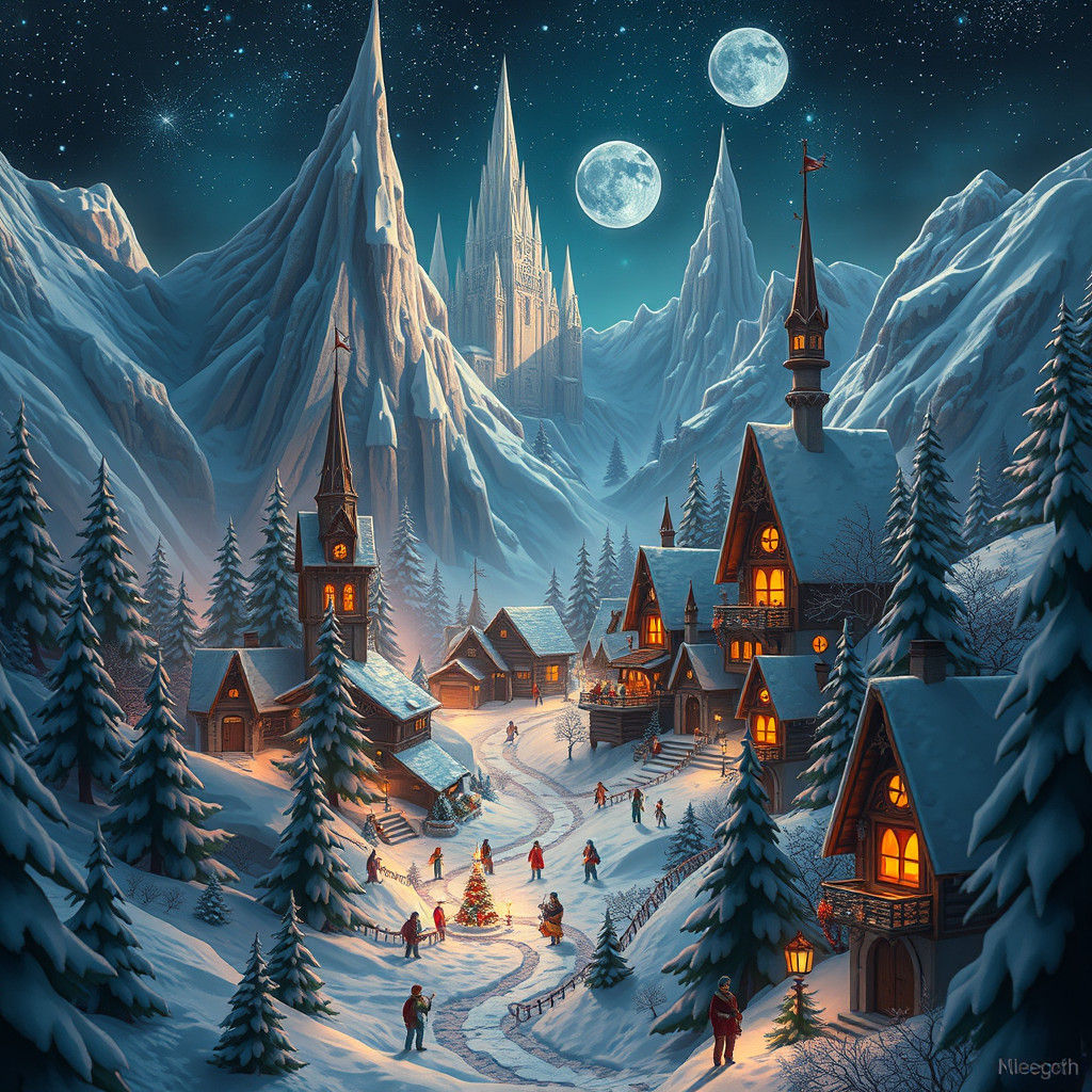 Enchanting Christmas Village in Snow Globe, Digital Art