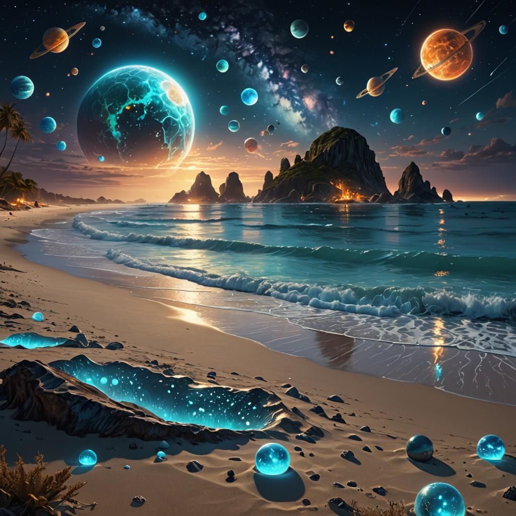 Bioluminescent Beach at Night: A Hyperdetailed Digital Paint...