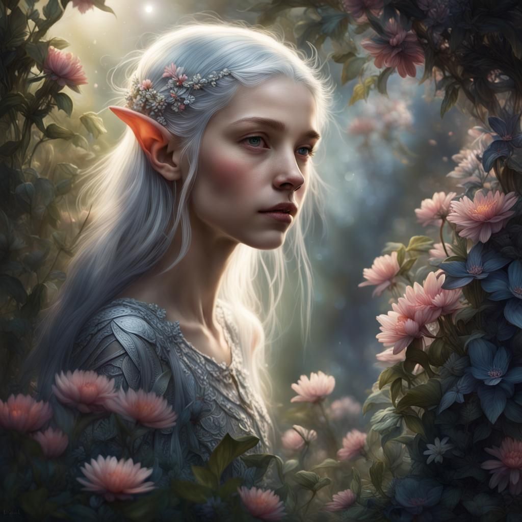 Elf Girl in Garden: Detailed Fantasy Portrait