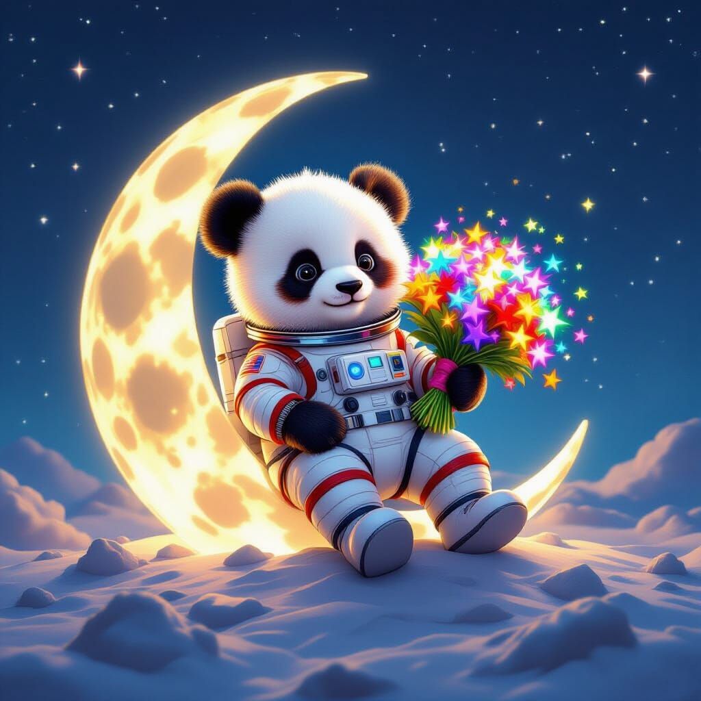 Panda Astronaut on Moon with Rainbow Stars