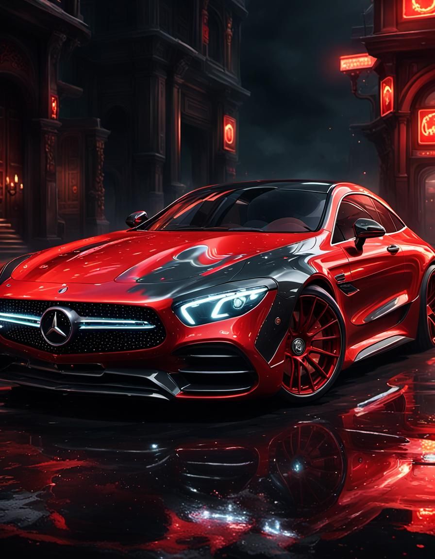 Hyperdetailed Red Mercedes Car in Dark Fantasy Style