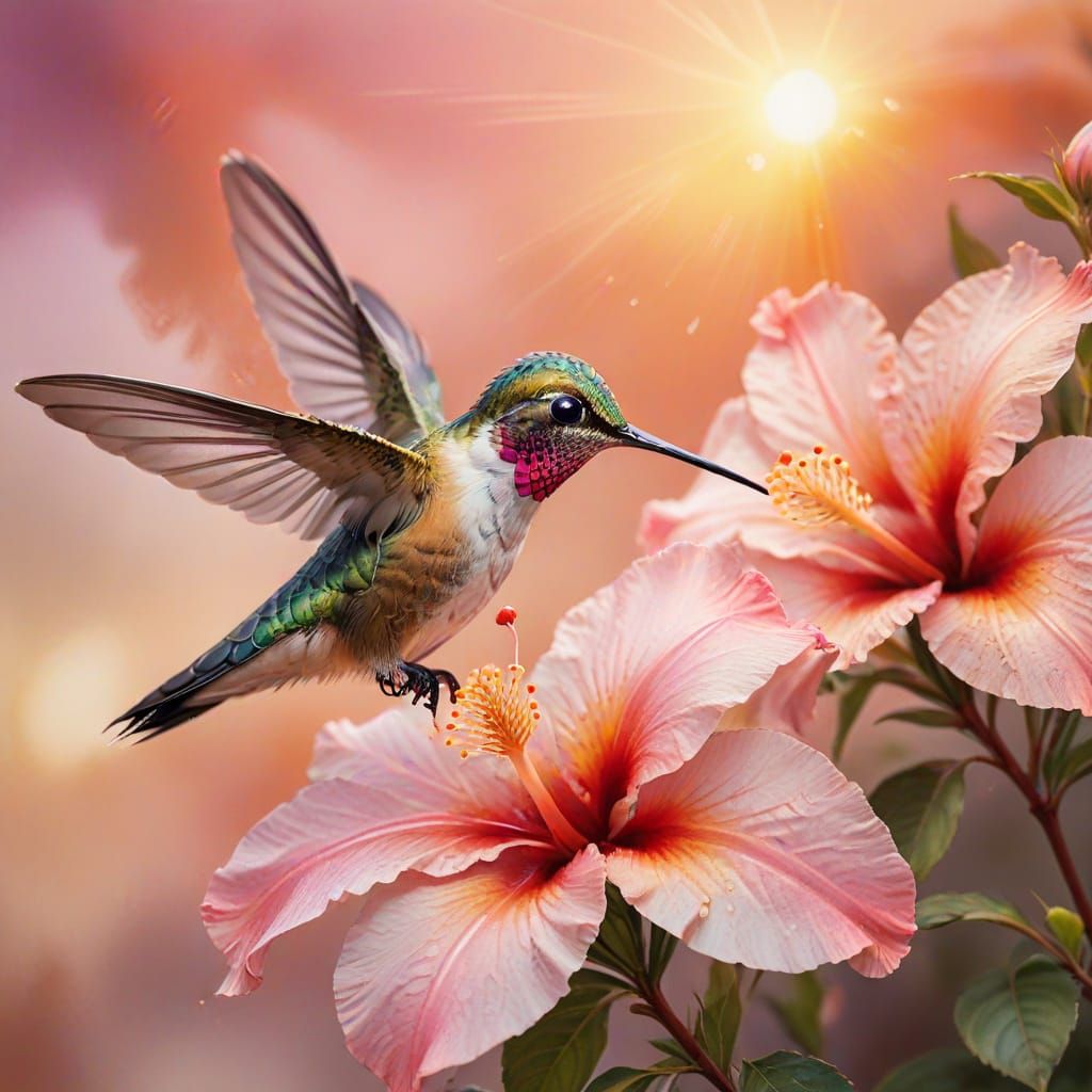 Watercolor Hummingbird with Hibiscus at Sunset