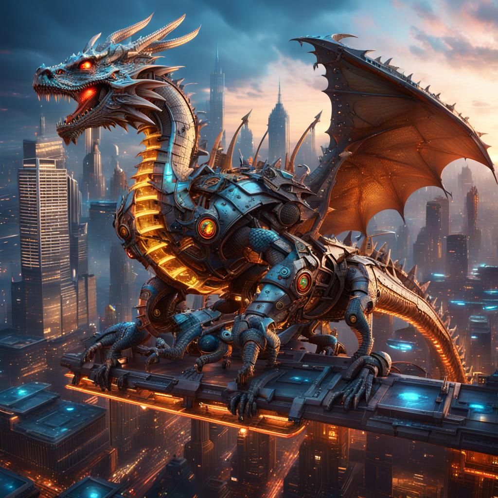 Steampunk Dragon Soaring Over Futuristic Cityscape