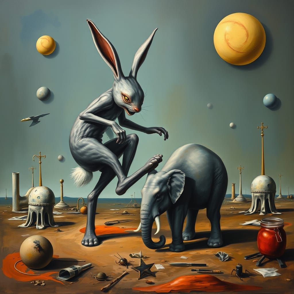 Surreal Giant Bunny Steps on Tiny Elephant