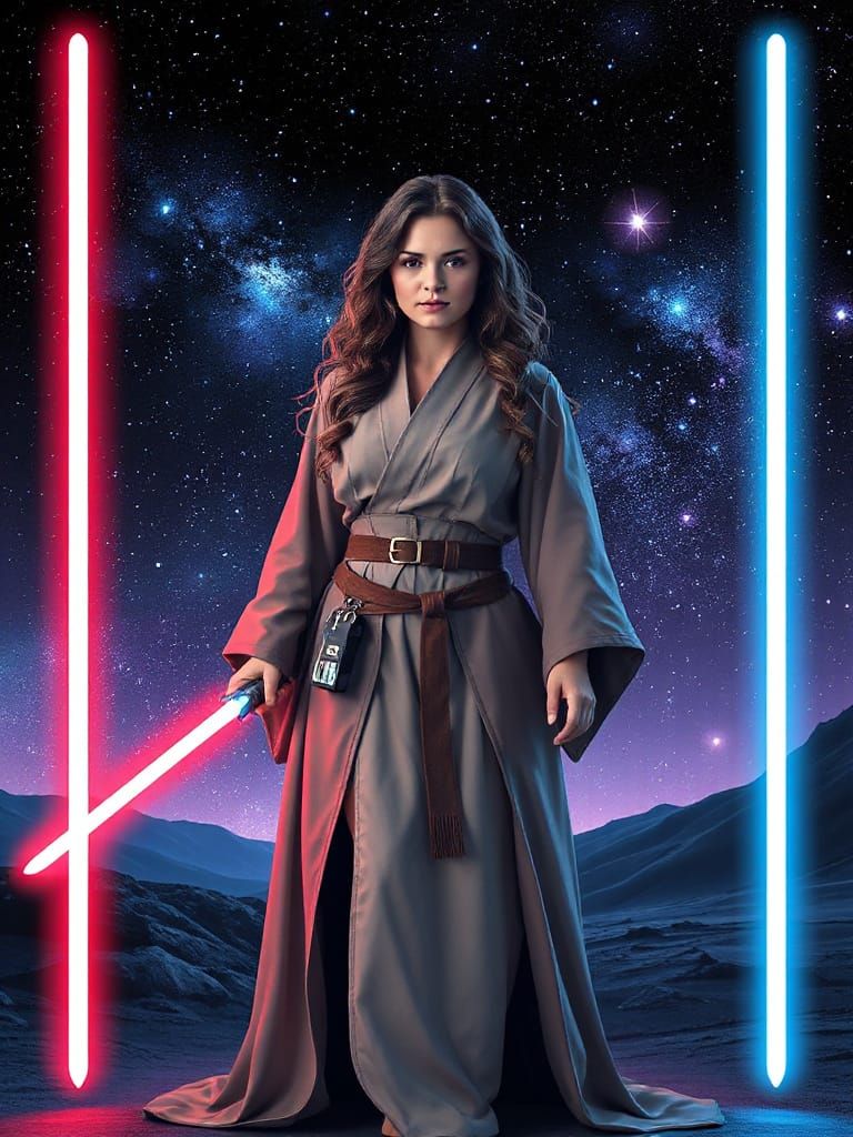 Galactic Jedi Maiden Shines in Cosmic Lightsaber Glow