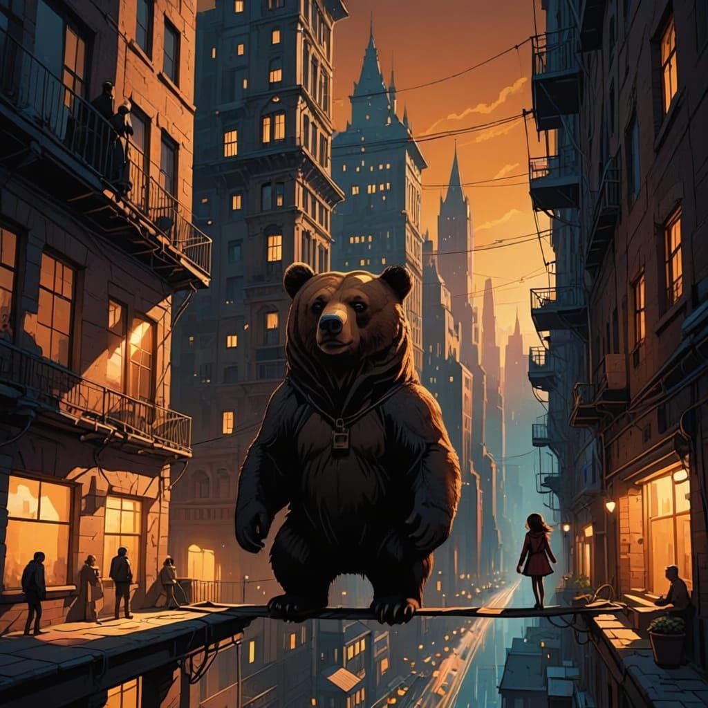 Girl with Bear on Tightrope Between Tall Buildings