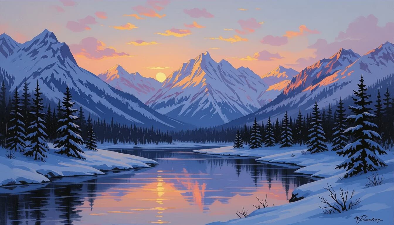 Majestic Snowy Mountains At Dawn With River Reflection