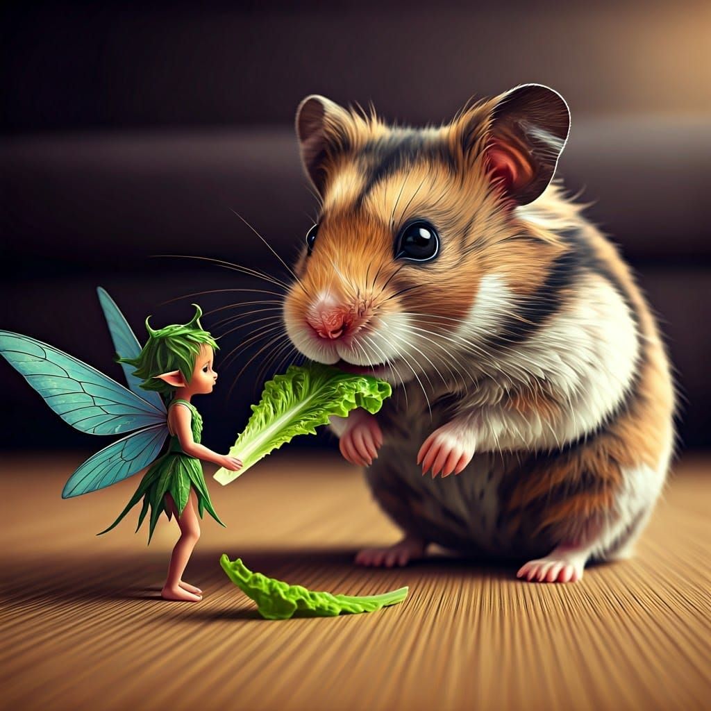 Fairy Offers Lettuce to Hamster: CGI Render