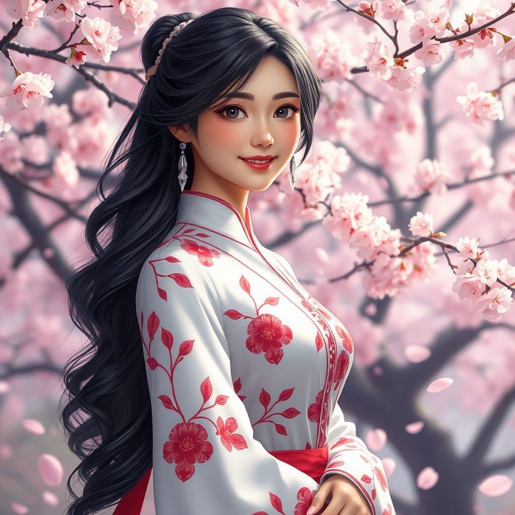 Elegant Asian Woman with Cherry Blossoms