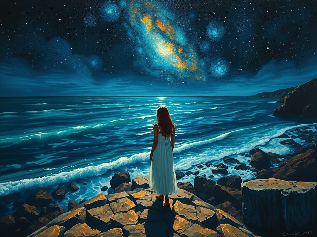 Night Seascape with Bioluminescent Waves