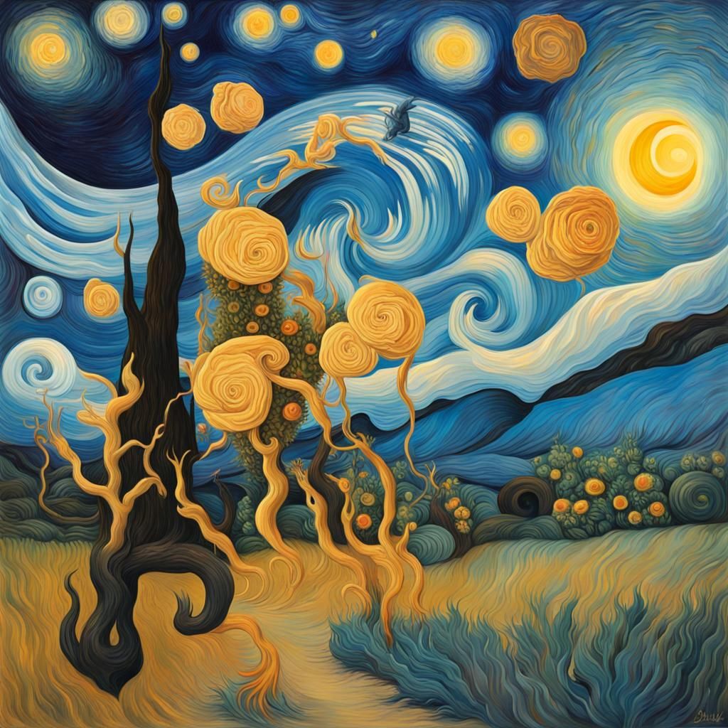 Surreal Starry Night as Impasto Gouache Painting