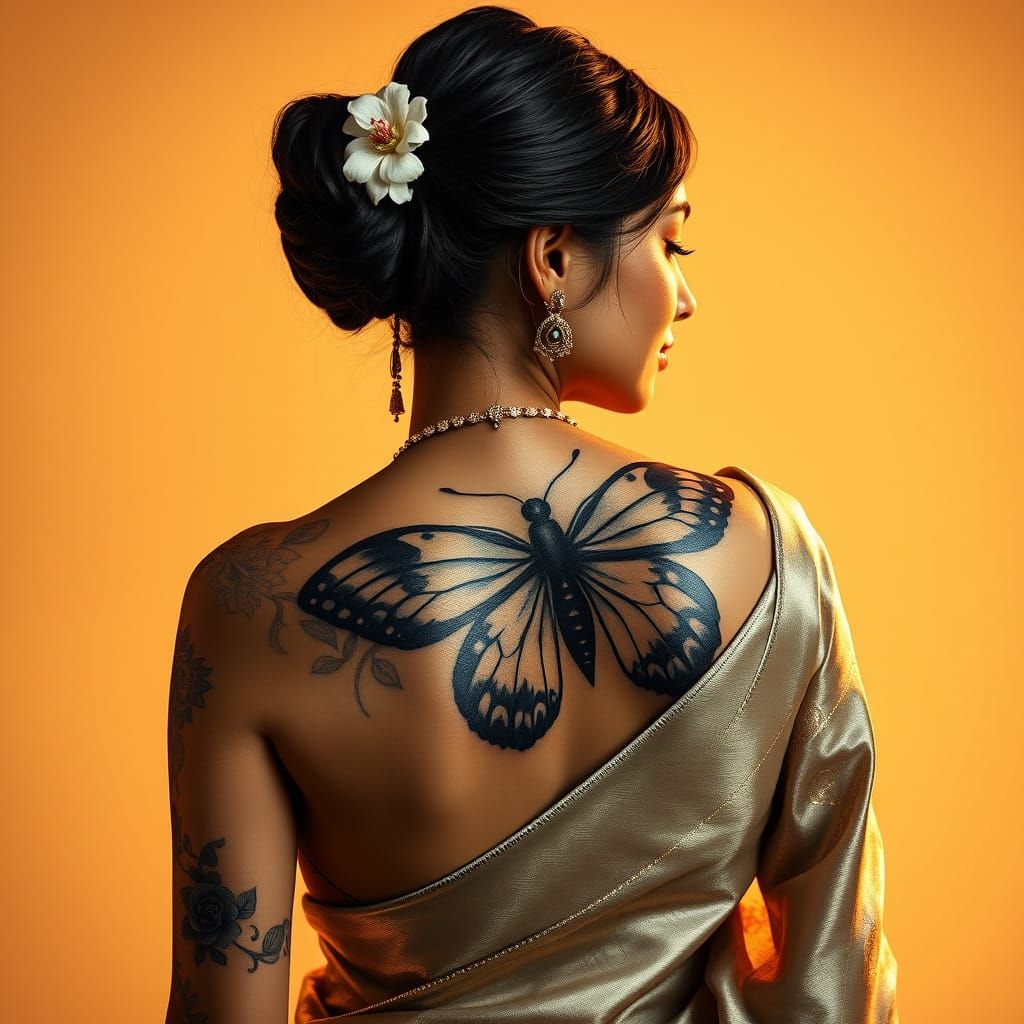 Elegant South Asian Beauty in Silver Sari with Intricate Tat...