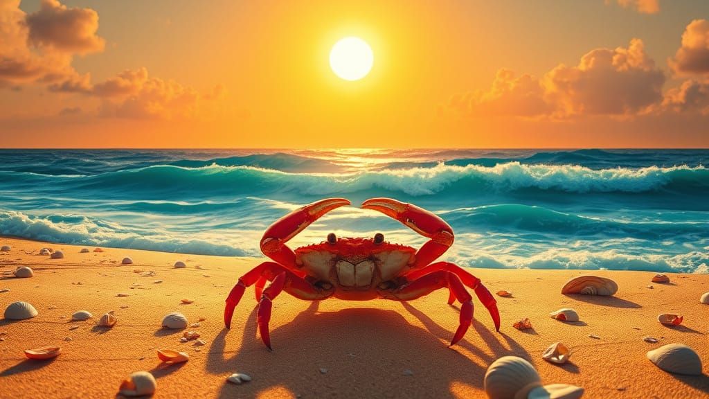 Red Crab on Golden Beach with Turquoise Ocean