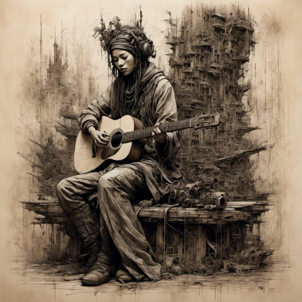 Person on Dock with Guitar in Grunge Style