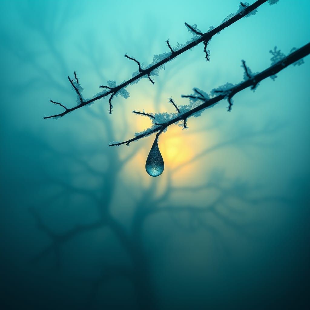 Mystical Dewdrop in Eerie Fantasy Landscape