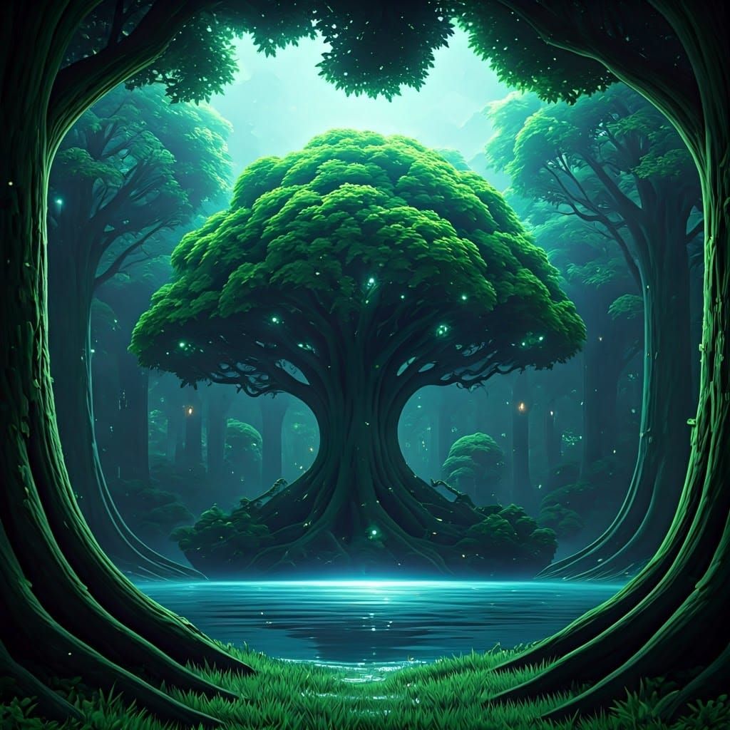 Ethereal Emerald Forest in a Sapphire Lake, Sparkling with D...