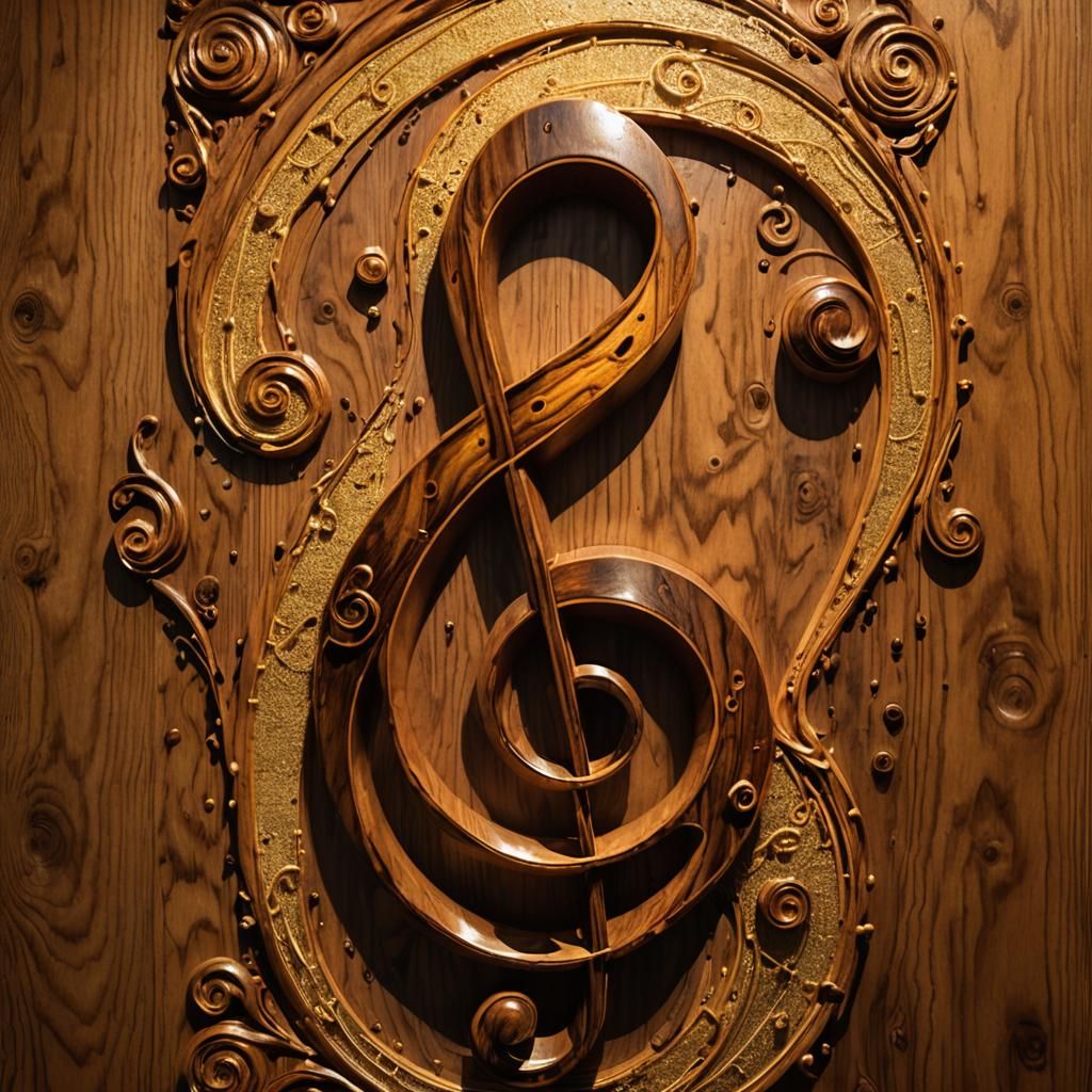 Treble Clef Sculpture in Wood with Golden Backlight