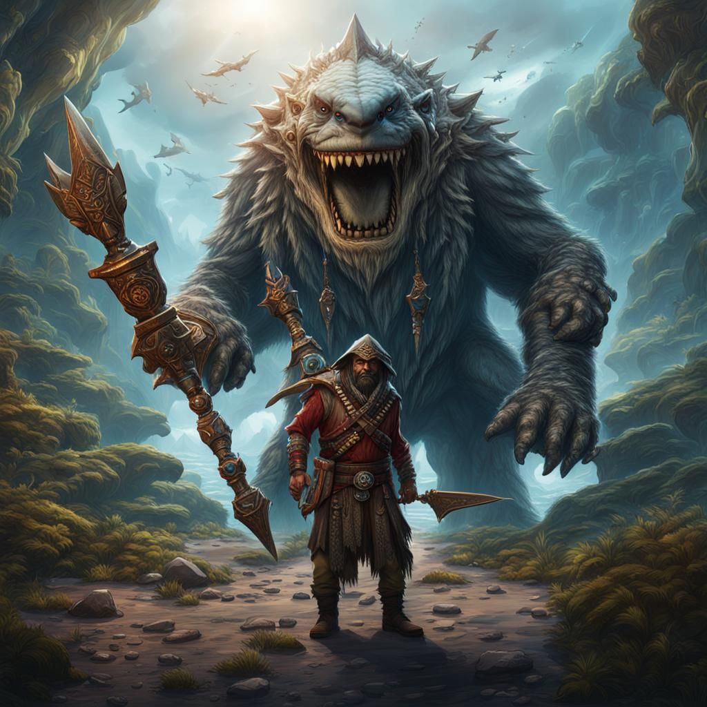 Tribal Headhunter Points at Flying Yeti Head