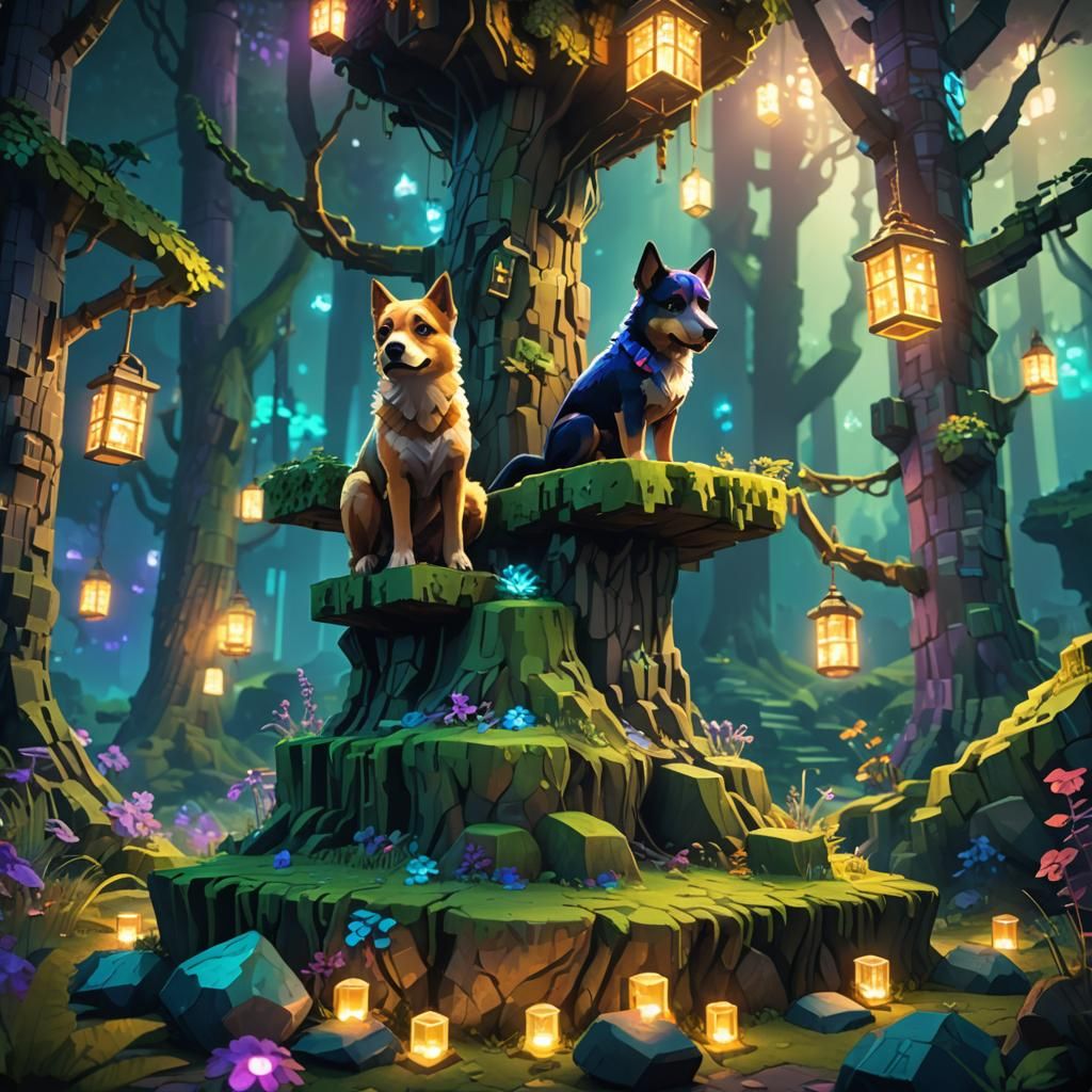 Minecraft Dogs in Glowing Fantasy Forest