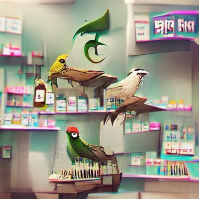 Whimsical Bird Pharmacy Illustration
