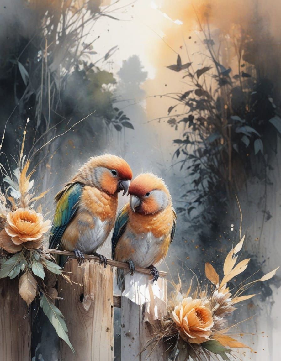 Lovebirds Cuddling at Sunset in Watercolor Style