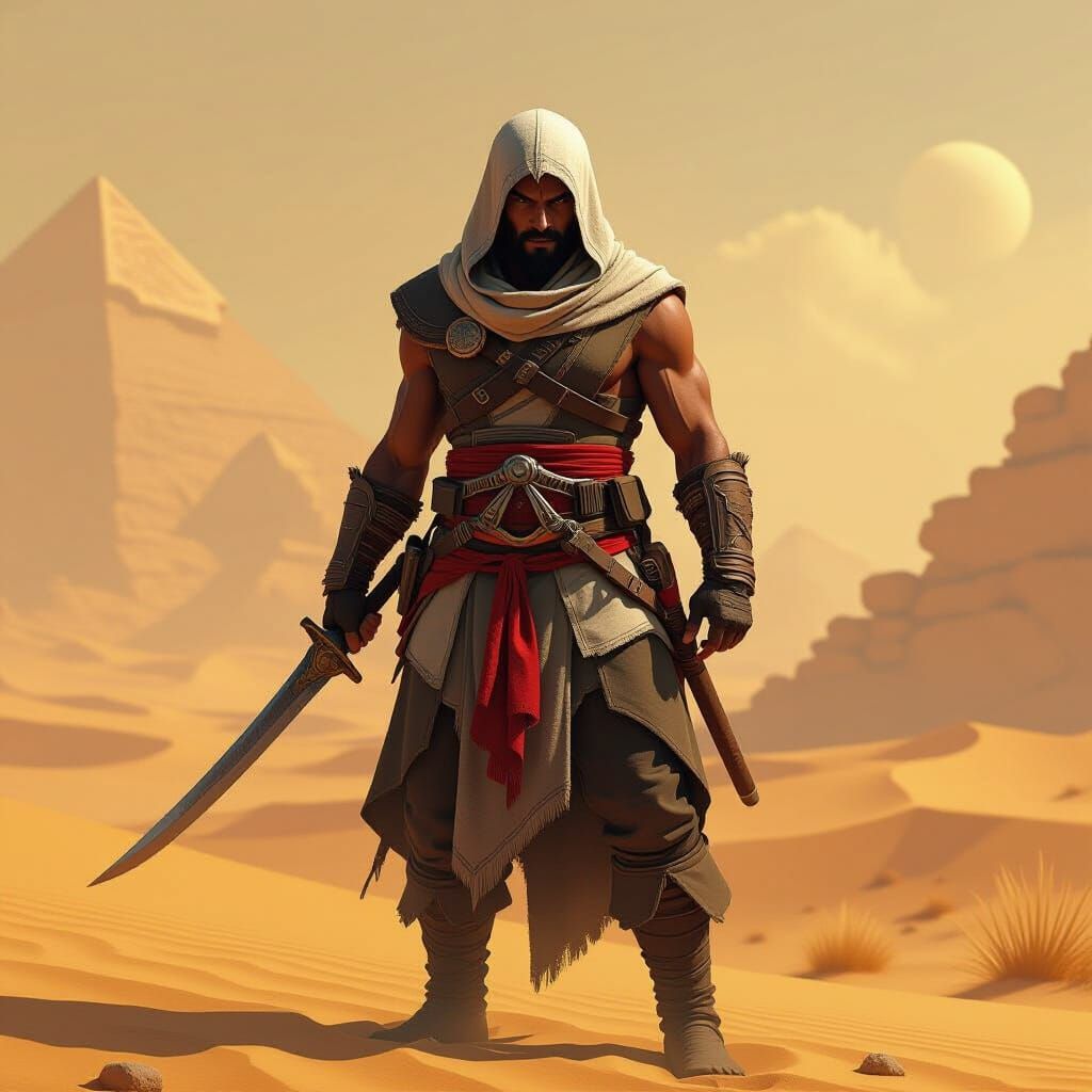 Bayek, Heroic Assassin in Golden Egyptian Landscape