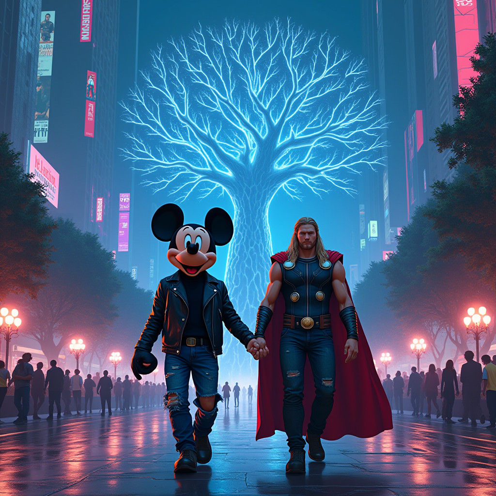 Mickey Mouse and Thor in Cyberpunk City Park