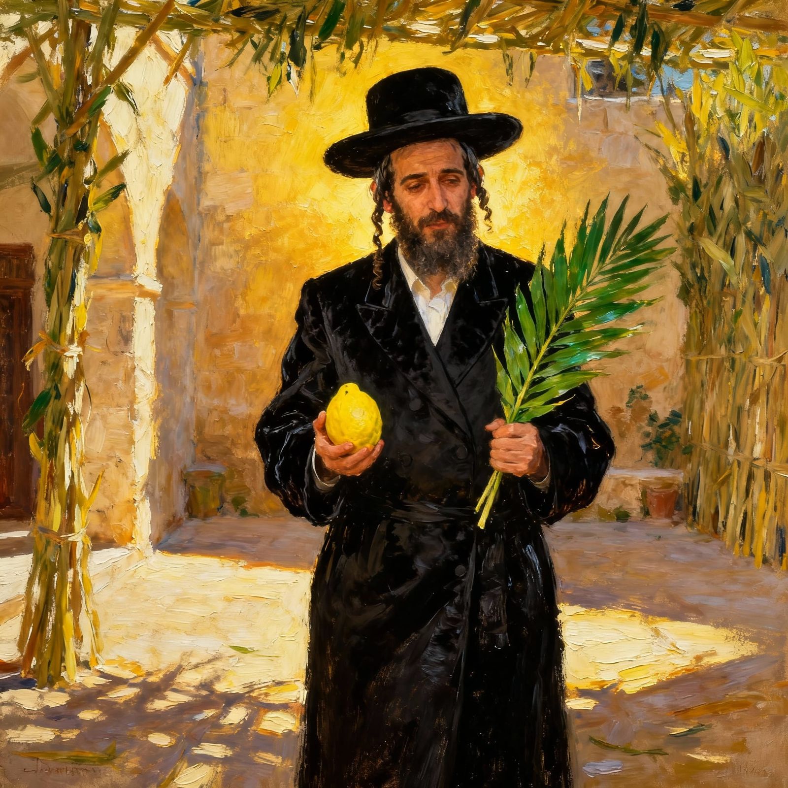 Hasidic Man Holding Etrog and Lulav in Sunlit Courtyard