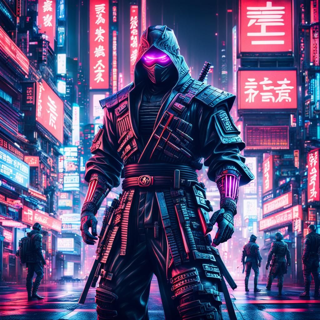 Cyberpunk Ninja in Neon Tokyo Nightscape