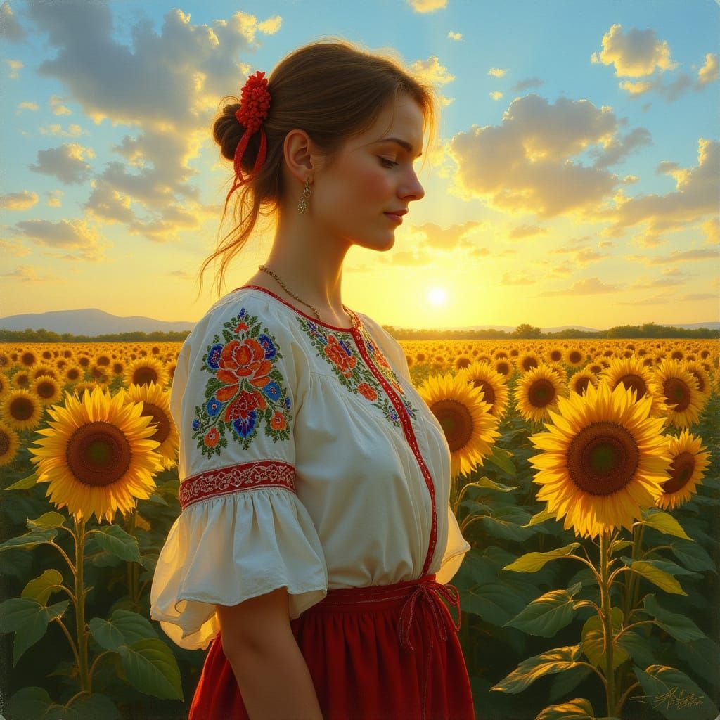 Ukrainian Woman in Sunflower Field at Sunset